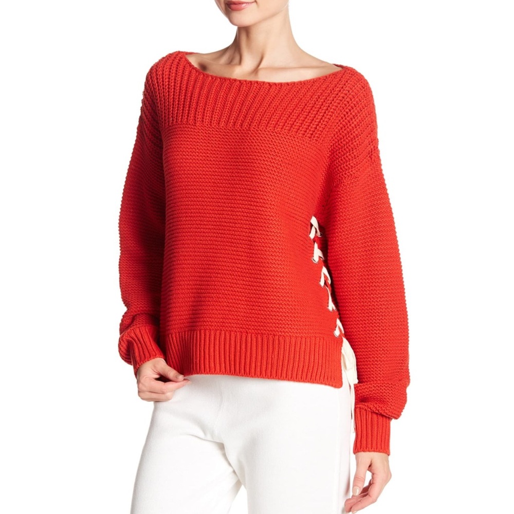 360 Cashmere Emilia Boatneck Lace-Up Sweater Red L